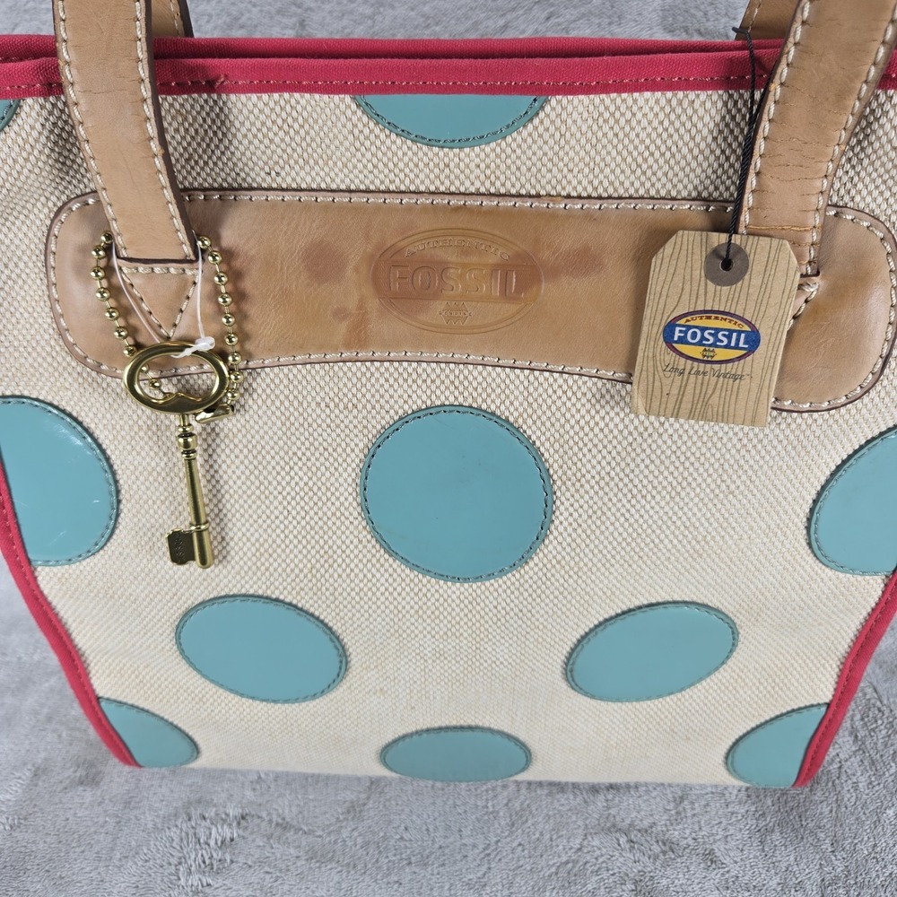 Fossil Key Per Shopper Tote Womens Large Aqua Woven Polka Dot New - Picture 12 of 13